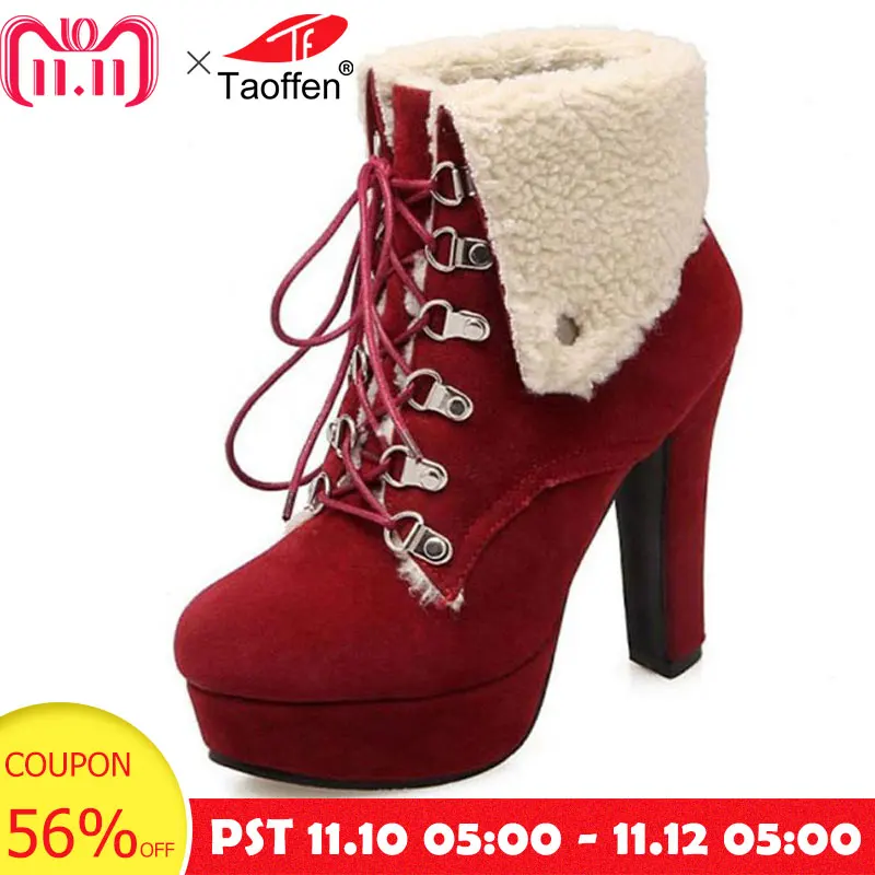 TAOFFEN Women Platform Thick Heel Ankle Boots Woman Round Toe Lace Up Heels Shoes Woman Warm Fur Botas Feminina Size 34-43 цена TAOFFEN Women Platform Thick Heel Ankle Boots Woman Round Toe Lace Up Heels Shoes Woman Warm Fur Botas Feminina Size 34-43 цены онлайн