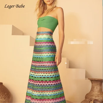 

Summer Bandage Two Pieces Set Women Elegant Celebrity Evening Party Club Dress Fashion Sexy Bodycon Striped Hollow Out Long Sets