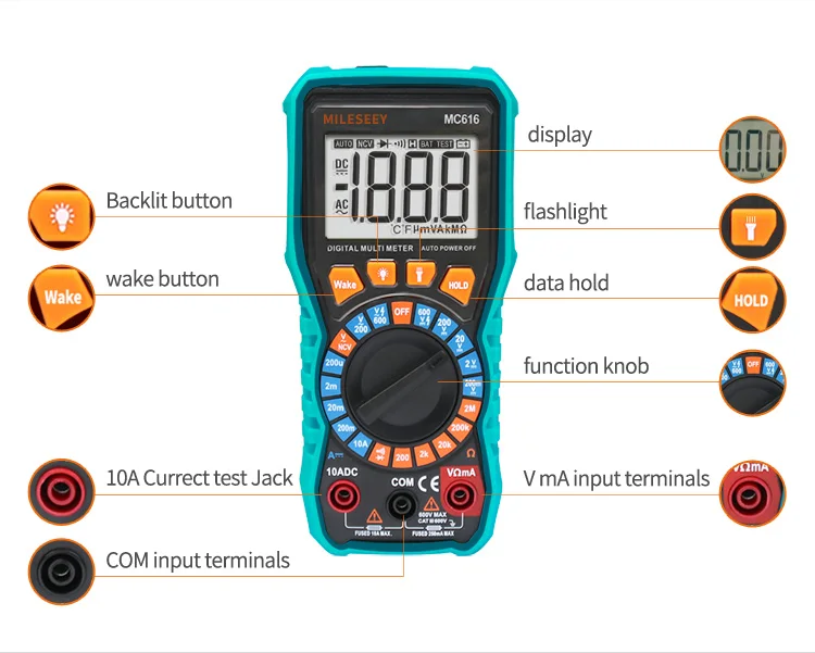 Mileseey НТС Цифровой мультиметр автонастройка AC/DC Вольтметр вспышки света Back light большой Экран