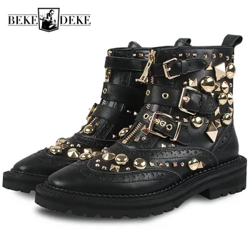 

Gothic Women Rivet Ankle Boots Motorcycle Biker Buckle Genuine Leather Shoes Runway Zipper Studded Boots Female Footwear