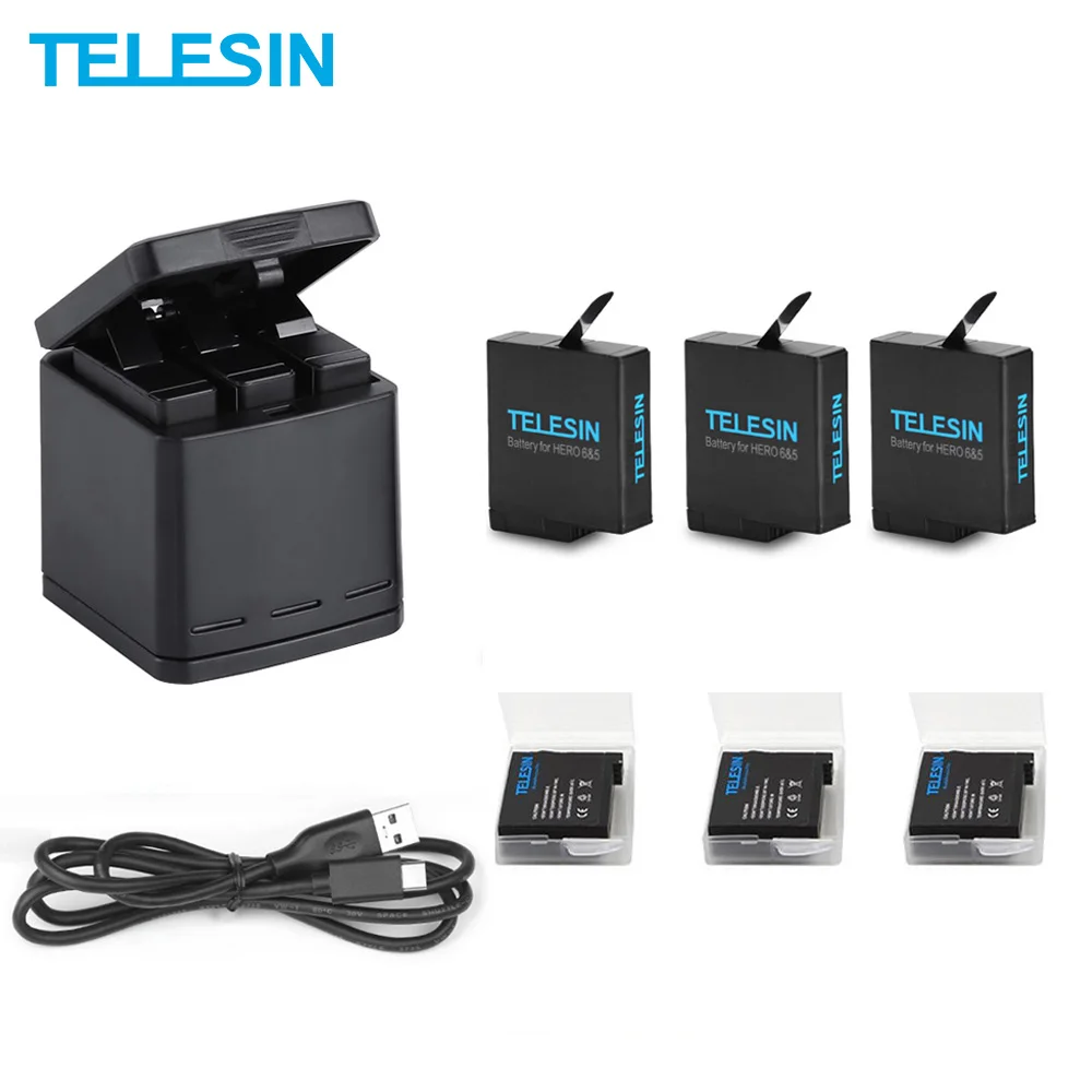 Baratos TELESIN cargador de batería LED de 3 vías y caja de carga de 3 baterías Cable tipo C para GoPro Hero 8 7 6 Hero 5 Accesorios Negros