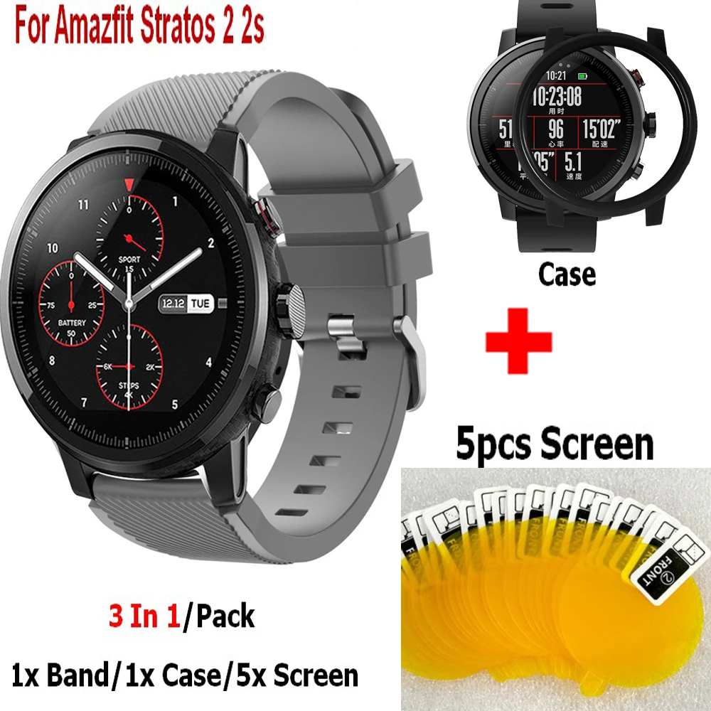 

3In1 Shell Case Cover For Amazfit Stratos 2 2s smart watch strap Silicone Band + Screen Film for xiaomi huami amazfit Strap Belt