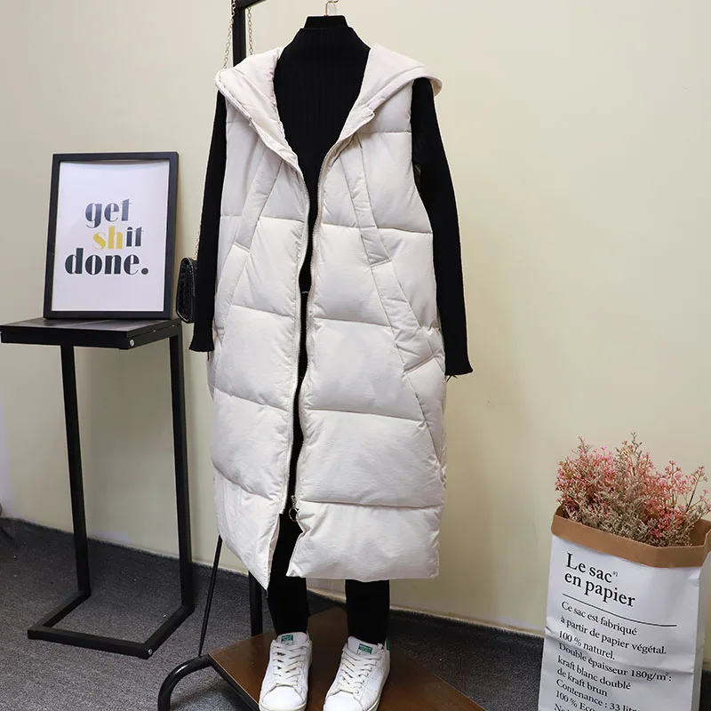 Зимний хлопковый жилет, женский длинный пуховик большого размера, хлопковое пальто с капюшоном, свободные толстые хлопковые куртки, однотонный жилет для женщин - Цвет: white
