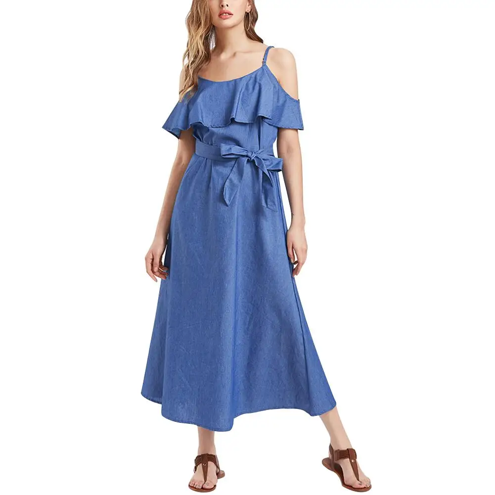 Fashion Women Summer jean Dress Ruffle Spaghetti Strap Open Shoulder Long Slim Denim Dress