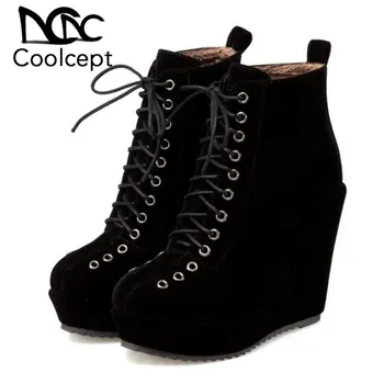 

Coolcept Women Half Short High Wedges Boots Lace Up Platform Boots Warm Shoes 2 Lining Winter Botas Women Footwears Size 34-43