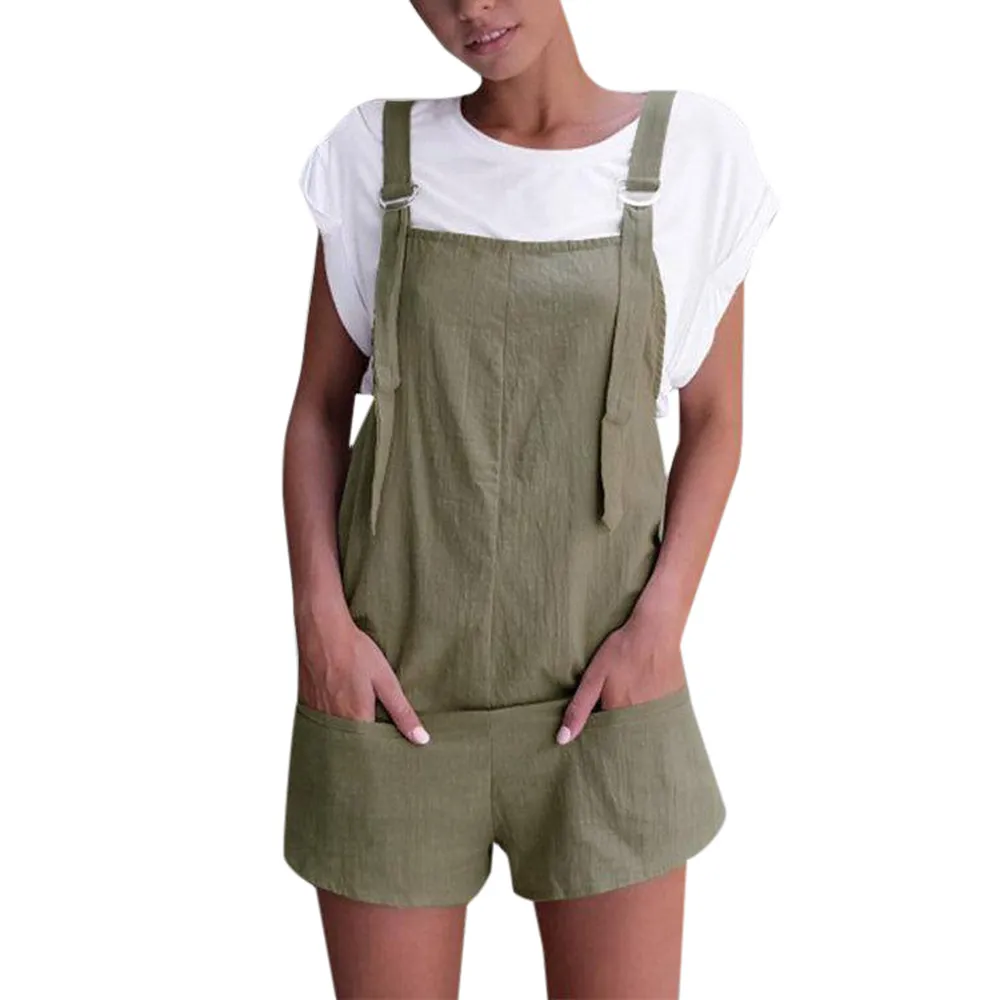 Women Summer fashion elegant jumpsuit Elastic Waist Dungarees Linen Cotton casual solid color rompers dungarees for women