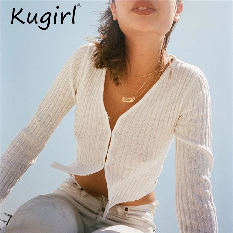 Kugirl панк женский свитер с пуговицами, модные кардиганы, тонкие свитера с v-образным вырезом, универсальные вязаные топы с разрезом, harajuku