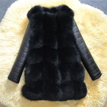 Manteau en fausse fourrure de renard pour femme, vêtement d'extérieur chaud avec manches en PU, 2019