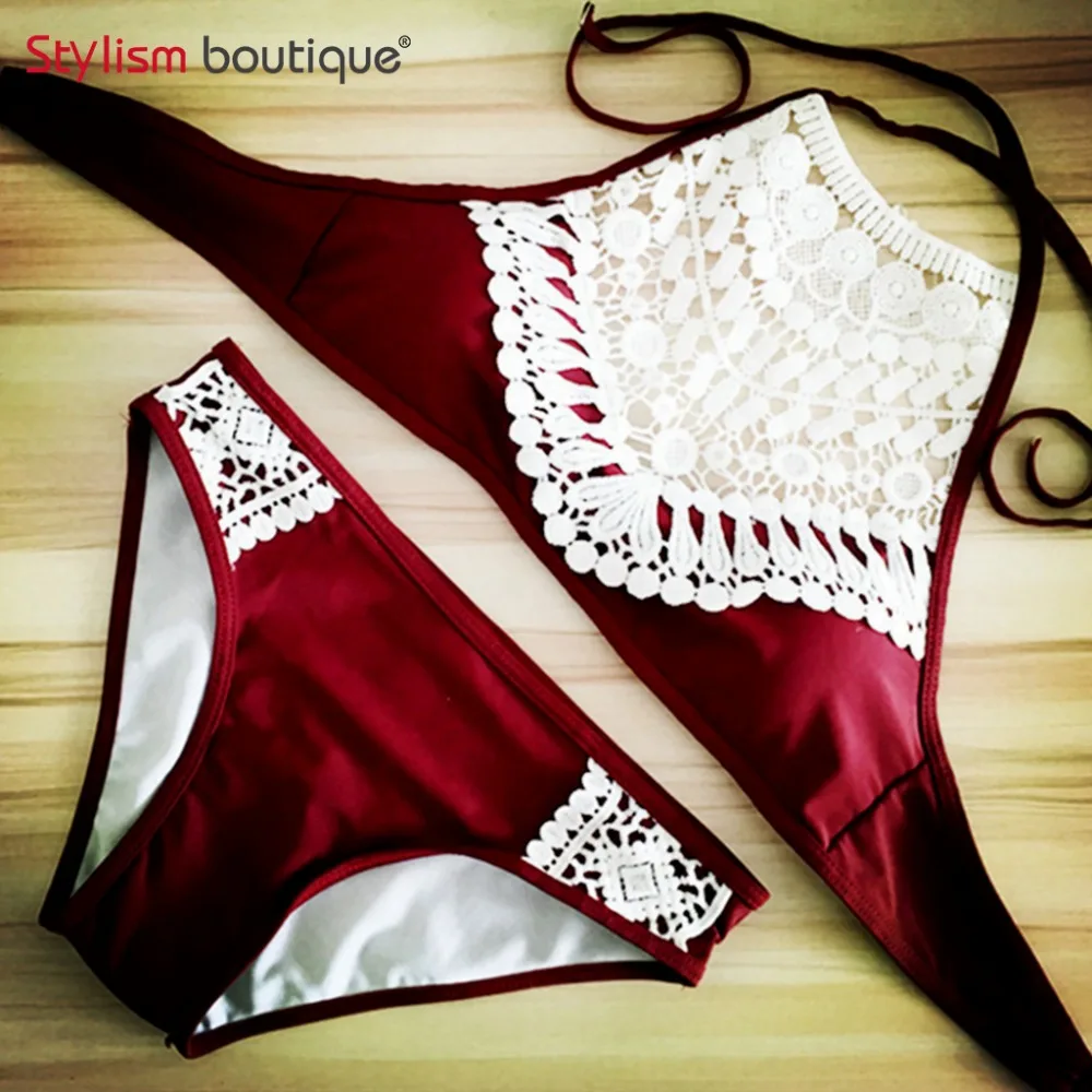 

2018 Sexy Women Swimsuit Crochet Bikinis Set High Neck Halter Bikini Swimwear Solid Printed Beachwear Bathing Suit Biquini