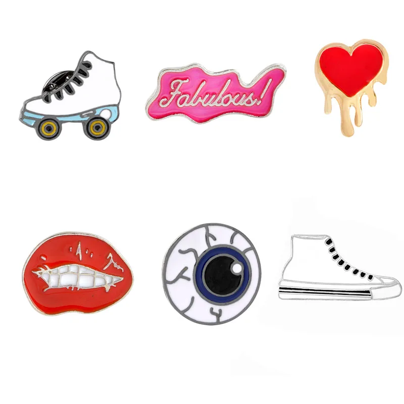 

6 Style Cartoon Pin Red Lips Heart Pulley Shoes Eye Canvas Shoes Jacket Lapel Pin Hard Enamel Brooch For Women collar badge gift