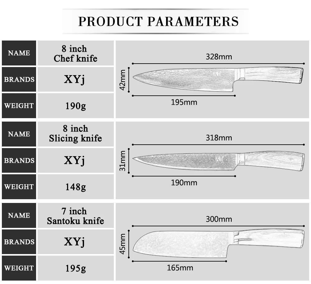 XYj кухонный нож, Дамасские Ножи VG10 Core, 7 шт. в наборе, высококачественный японский дамасский стальной нож с красивым узором, кухонные инструменты для приготовления пищи