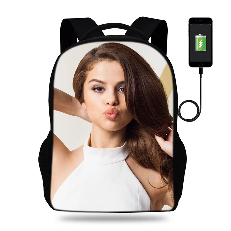Kawaii 3D Selena Gomez Печать Рюкзак Милый популярный детский рюкзак подростковый USB