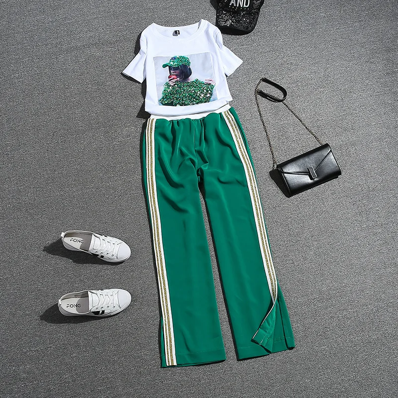

2018 New Summer Fashion Women's Sets Sequins Short Sleeve Cotton Tops + Hot Stamping Green Long Trousers Casual Students Suits