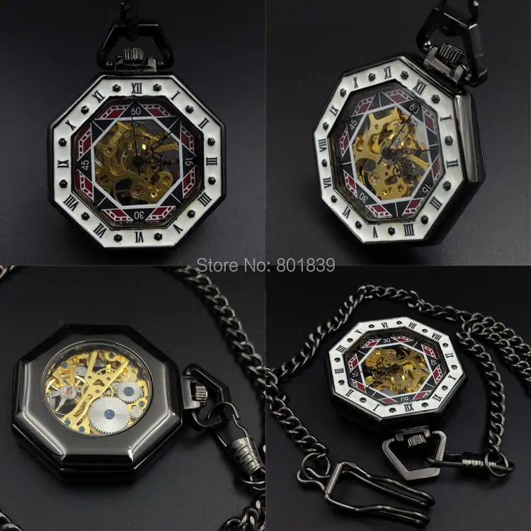 Ретро Octagon Скелет циферблат Механический ручной взвод карманные часы черный сеть хороший подарок цена H173