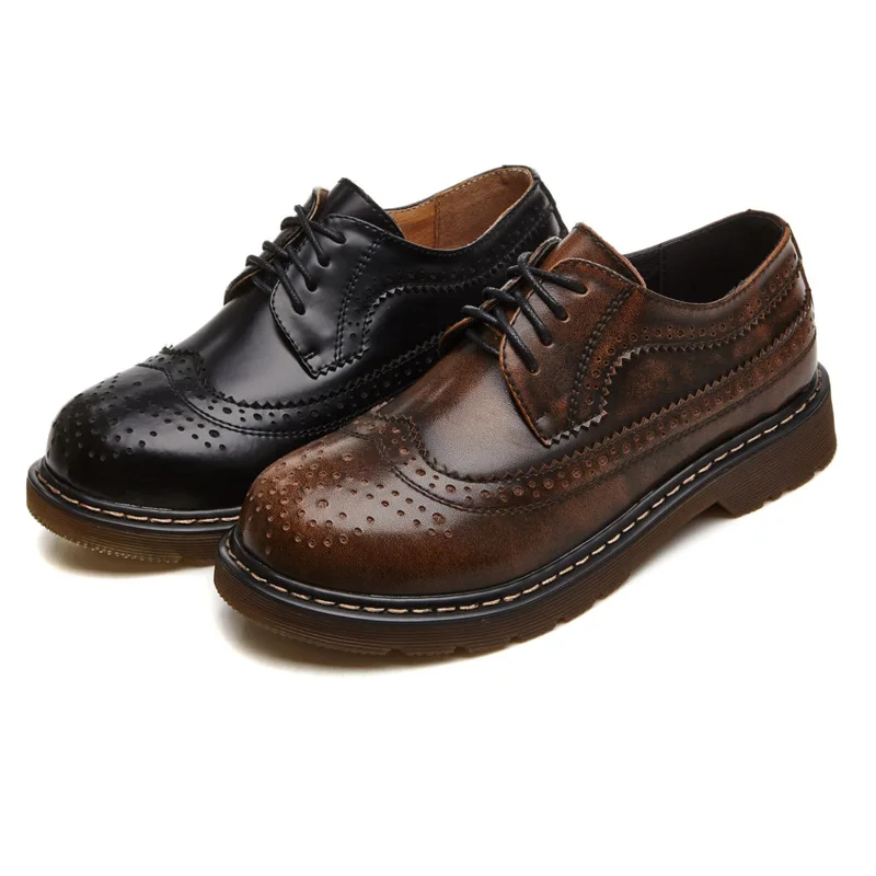 

QPFJQD 2019 Cow Genuine Split Leather Brogue Shoes Women'S Flats Casual British Style Ladies Oxfords Vintage Dress Shoes Lace Up