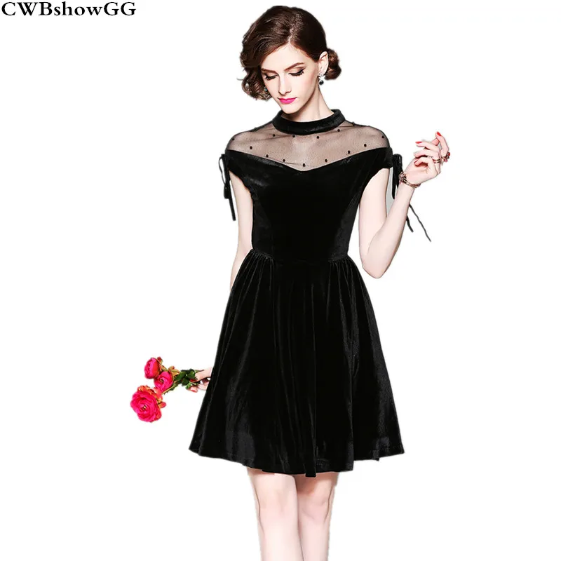CWBshowGG Новое тонкое дизайнерское платье для подиума высококачественное тонкое Сетчатое лоскутное роскошное Брендовое бархатное Черное мини-платье vestidos