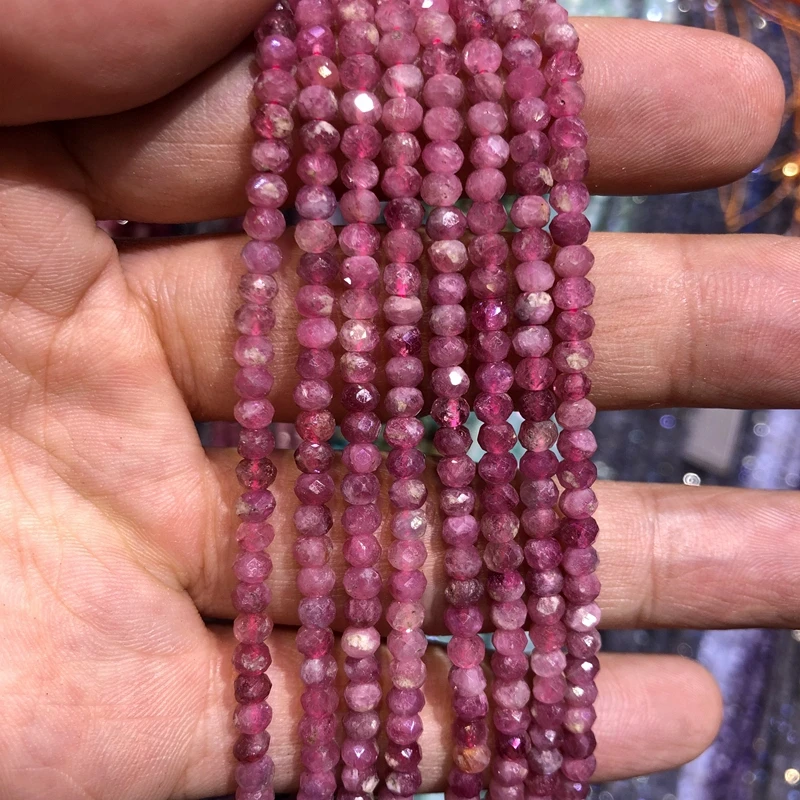Натуральный розовый турмалиновый бисер, 3 мм микро граненые крошечные бусины Рондель, круглые бусины, камень граненый бисер, 15," /струна