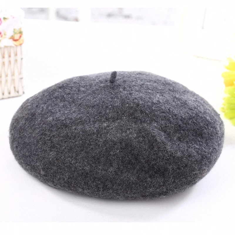 

New Fashion Solid Color Warm Wool Winter Women Girl Beret French Artist Beanie Hat Cap For Female H001-drakgrey