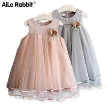 AiLe Rabbit/ модное платье для девочек; летнее платье принцессы с брошью в виде буквы А; детская одежда розового и серого цвета