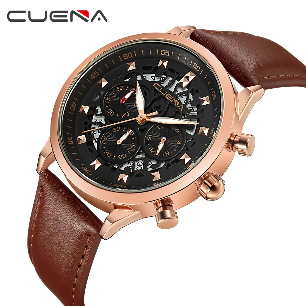

Genuine CUENA Male Quartz Watch Leather Watches For Men Fashion Waterproof Watch Gift Dress Watch Rose Gold Color Special Design