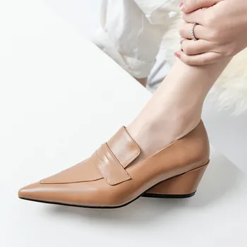 

Women Luxury leather high heels Woman comfort fashion Pointed Toe Dress Party Pumps Nude Brown Black Square heels shoes ladies
