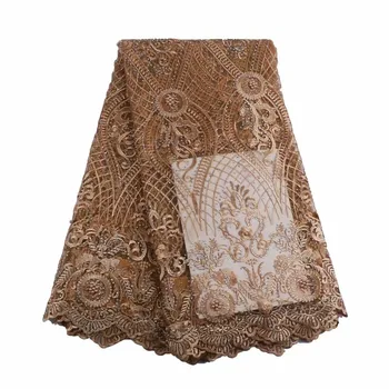

Net Lace Fabric High Quality 2017 African Lace Fabric With Bead Nigerian Lace Wedding Dress Gold Color 5yard/lot X300-1