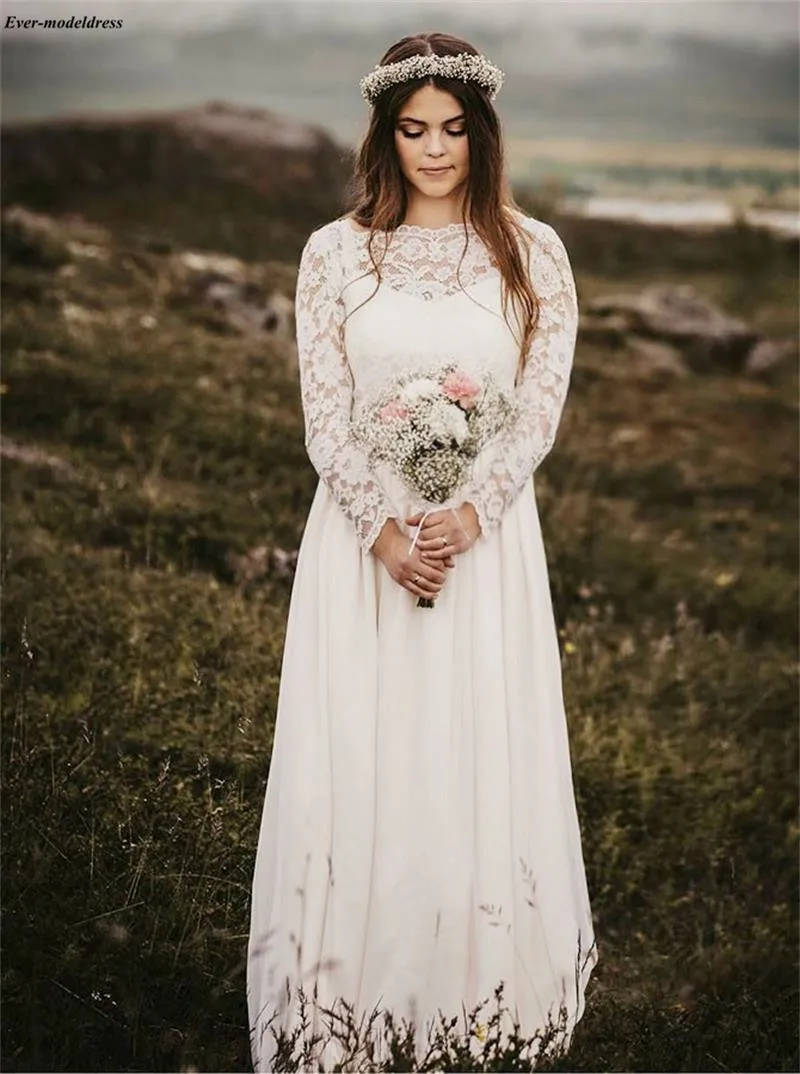 

robe de mariee 2019 Western Country Long Sleeves Lace Chiffon Wedding Dresses Boat Neck Beach Bridal Gown Floor Length Plus Size