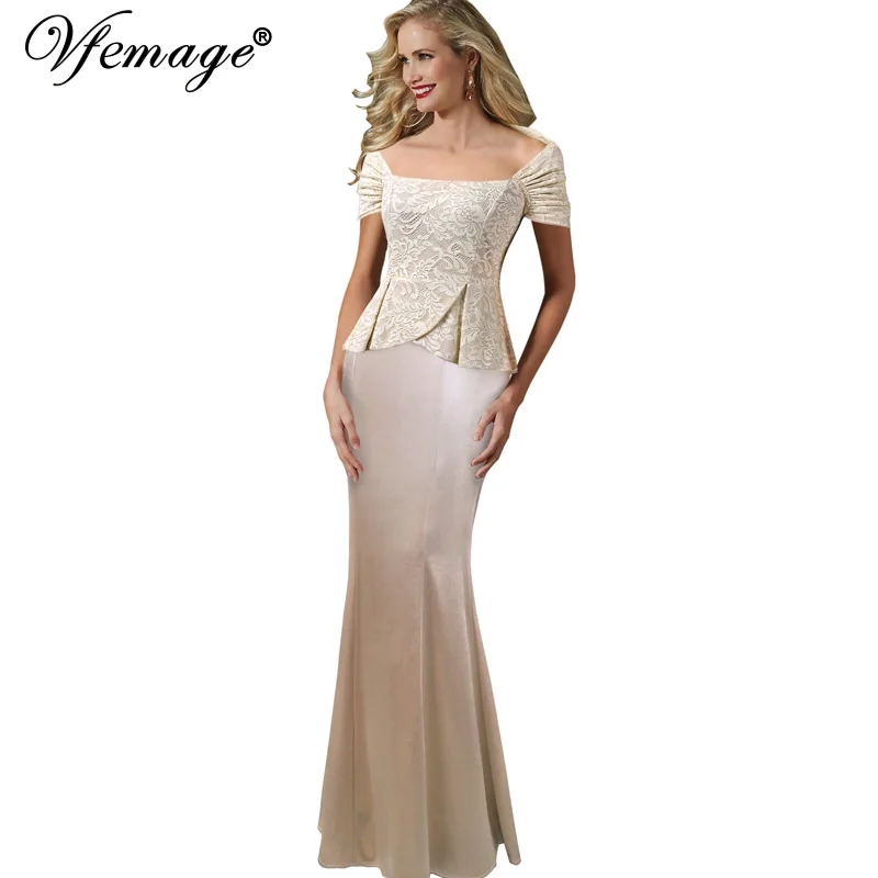 

Vfemage Women Elegant Portrait Collar Lace Peplum Formal Evening Gown Mother of the Bride Prom Wedding Party Maxi Long Dress 097