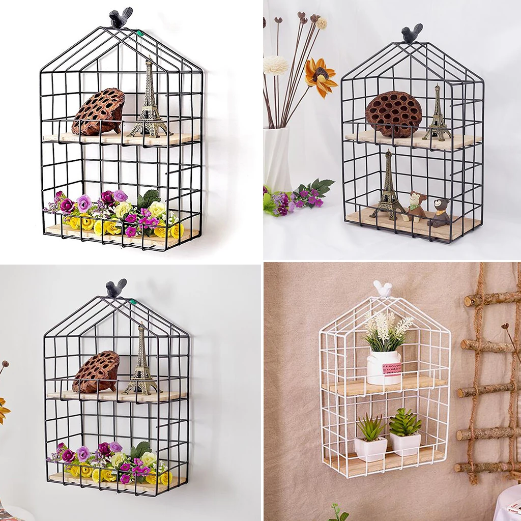 

Wooden Iron Storage Racks Home Storage Shelf 2 Tiers Wall Hanging Storage Box Flower Pot Book Storage Holders Organizer Shelves