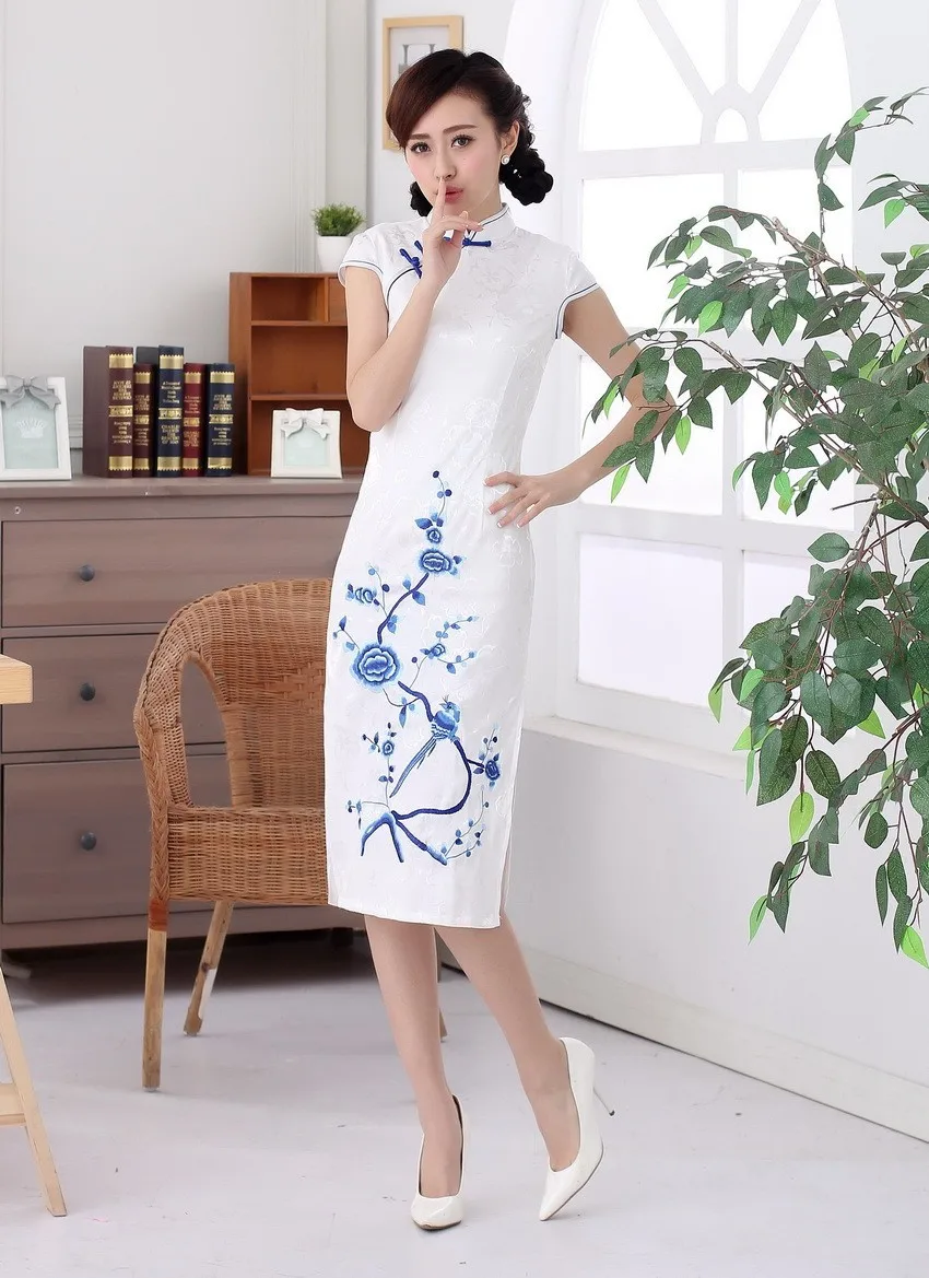 Шанхай история Топ-класс Длинные Цветочные Cheongsam Qipao платье Китайская традиционная одежда белый восточные платья для женщин