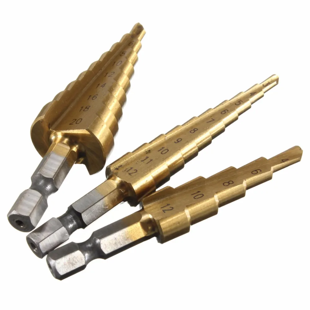 

High Quality 3PCs 1 / 4 Inch Hex Shank HSS Titanium Coated Step Drill Bit Set 3-12 / 4-12 / 4-20mm