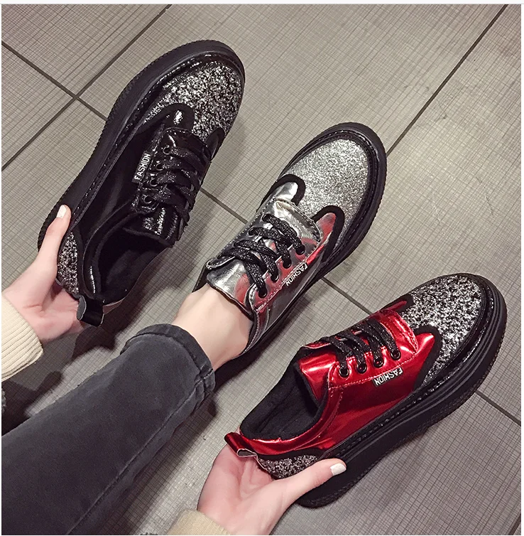 

2019 Spring Fashion Brand Lady Shoes Women Sneaker Rhinestone Silver Girl Crystal Bling Cross-tied Lace Up Glitter Red