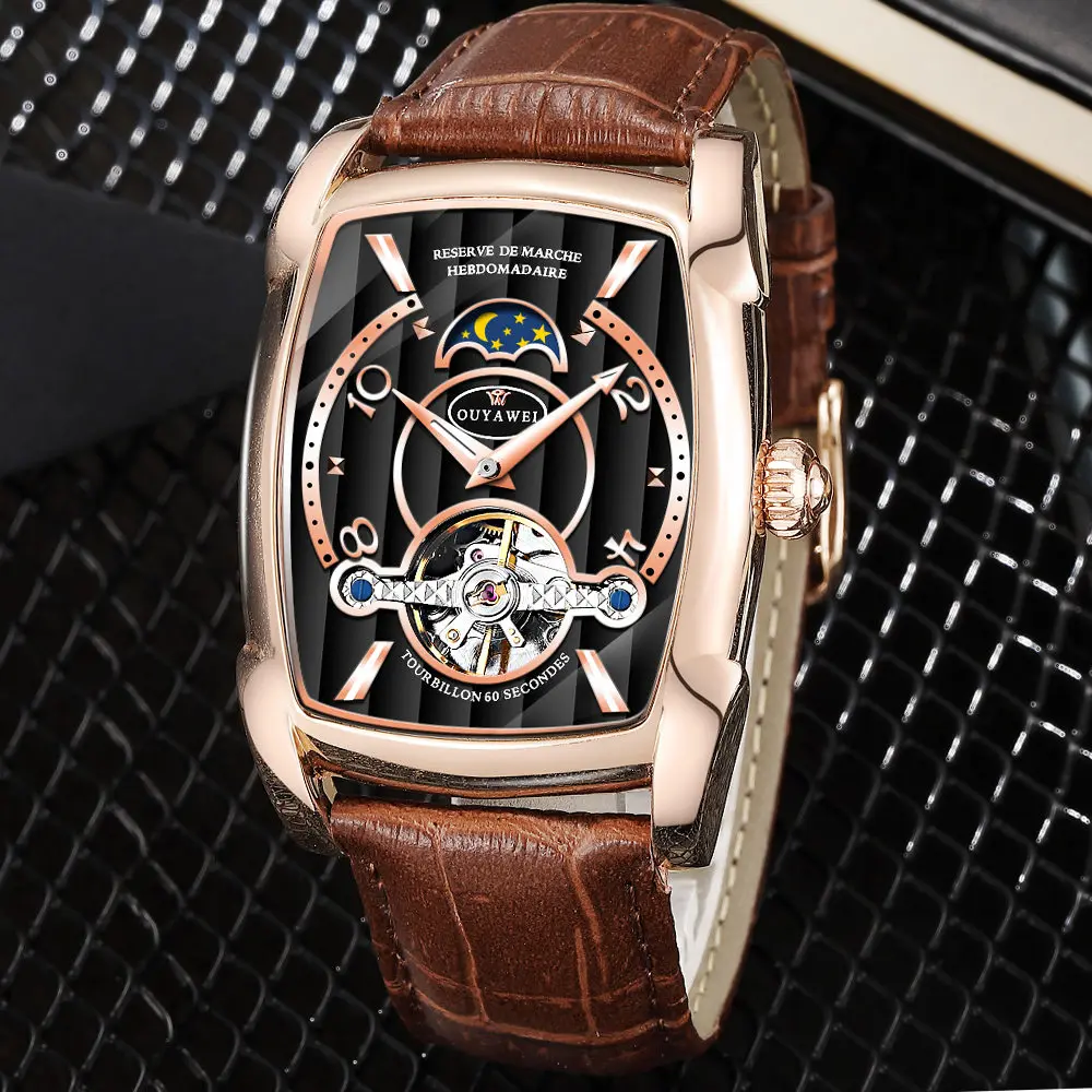 

2019 New Men's Watch Automatic Tourbillon Business Casual Leather Moon Phase Wrist Watch Top Brand Luxury Mechanical Watches