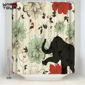

Extra Long Fabric Bath Shower Curtains Flower Elephant Painting Art Mildew-resistant Bathroom Decor Sets with Hooks