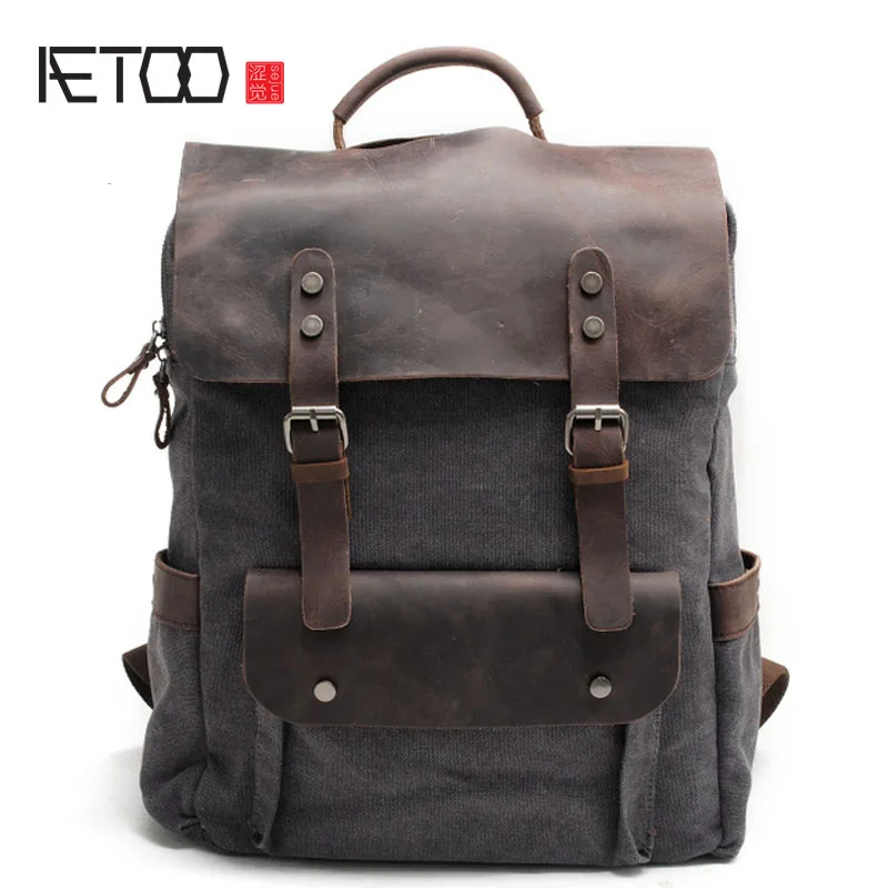 

AETOO Vintage canvas backpack neutral college wind bag cotton canvas with top layer crazy horse leather bag