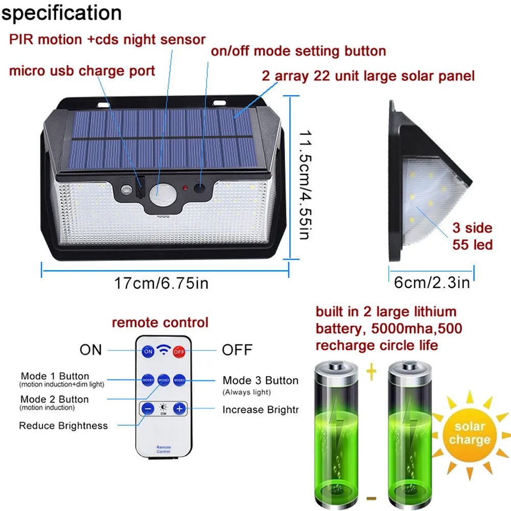 55 светодиодный 900lm Солнечный свет дистанционный пульт радар smart 3 бокового освещения светодиодный солнечный свет открытый l IP лагерь