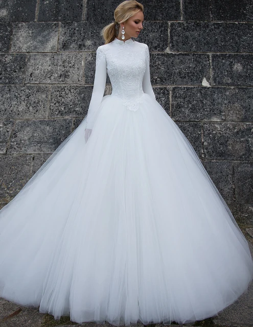 Modest Arabic Muslim Wedding Dresses High Collar Long Sleeve Puffy Modest Arabic Muslim Wedding Dresses High Collar Long Sleeve Puffy Bridal Gown Sweep Train Tulle White
