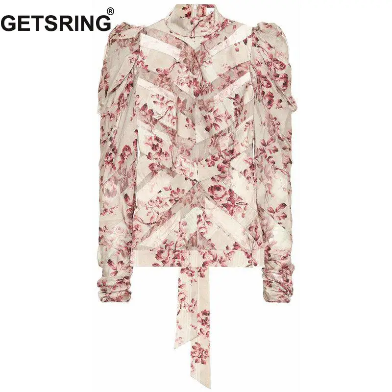 

GetSpring Women Blouses Bow Tie Printed Women Shirts Long Sleeve Print Women Tops Retro Back Zipper All Match Top Women Spring
