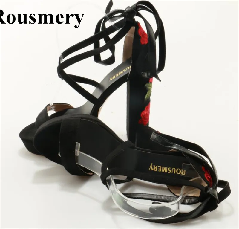 New Fashion Women Open Toe Black Suede Leather High Platform Sandals Super High Heel Embroidery Chunk Heel Sandals Dress Shoes New Fashion Women Open Toe Black Suede Leather High Platform Sandals Super High Heel Embroidery Chunk Heel Sandals Dress Shoes