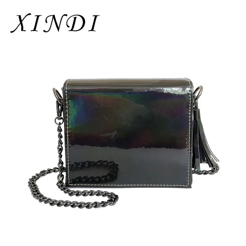 

shiny Lacquer Laser Messenger Bag Women Tassels Shoulder bag Handbag Fashion Trend Chain Small Square bag party ladies hand bags