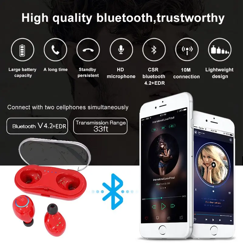 Vtin TWS Wireless Bluetooth In-ear Twins Earphones Noise Reduction Headset TWS Earphone Earbud with Charging Box Black White Red (30)