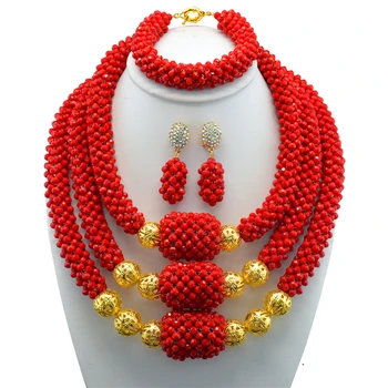 

Delicate 3 Layers Red Crystal Nigerian Wedding African Beads Jewelry Set Dubai Crystal Beads Bridal Christmas Jewelry Set WB840