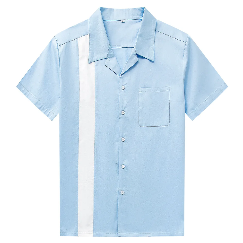 Мужская Повседневная блуза на пуговицах, синяя, белая рубашка в Вертикальную Полоску, мужская рубашка с коротким рукавом, Ретро стиль, Hombre Bowling