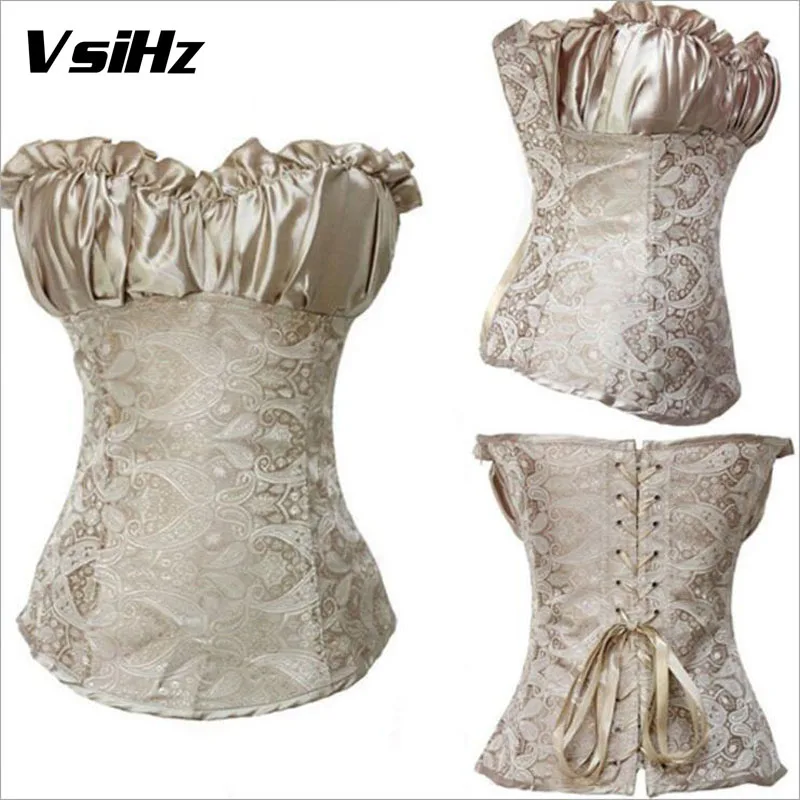 

VSIHZ Sexy Women Corselet Corset and Bustier Strapless Bustier Corset Overbust Slim Corset Satin Bone Lace Up Steampunk coset