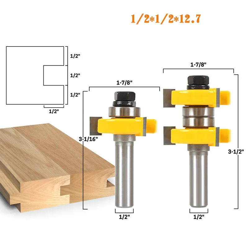 

2pcs1/4" 1/2" Shank 3 Blades T Type Tongue Groove Router Bit Set Woodworking Mortise Knife Tenon Solid Carbide End Mill Cutter