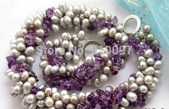 

LHX54013>>>4row 17" 9mm rice gray FW pearl amethyst necklace