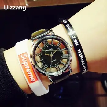 

Original Ulzzang Brand Hollow Dial Rome Scale PU Leather Quartz Wristwatches Wrist Watch Clock for Women Men Black White