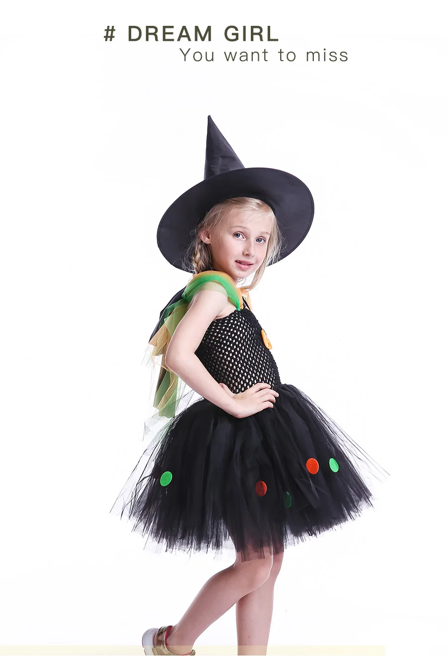 Pumpkin Pattern Girls Halloween Tutu Dress with Witch Hat Colorful Polka Dot Baby Girl Dress Kids Witch Costume Photo Party (6)