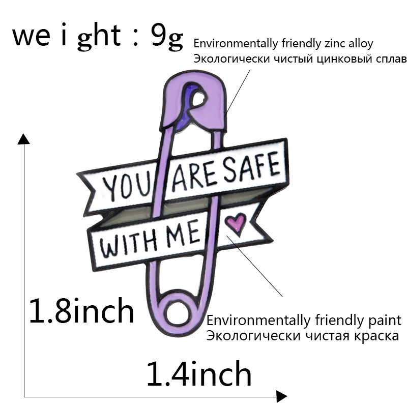 Фиолетовый Зажим для бумаги Любовь Лента сердце вы безопасны со мной Эмаль Булавка джинсы значок для рюкзака брошь друзья дети семья подарки