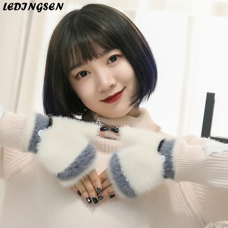 

LEDINGSEN Womens Warm Rabbit Fur White Fingerless Gloves Winter Striped Mittens Ladies Cute Soft Gloves guantes de invierno
